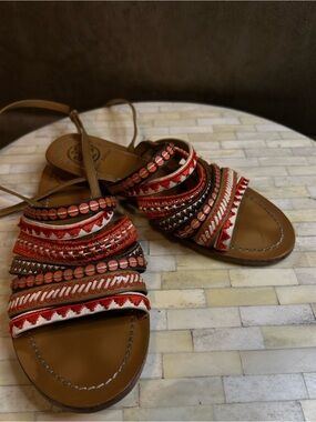 Tory Burch Poppy Red Multi-Mixed Trims Flat Sandals size 7